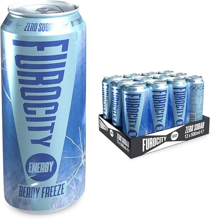 Furocity Energy Drink Berry Freeze can displayed with a pack of 12, zero sugar, refreshing energy beverage.