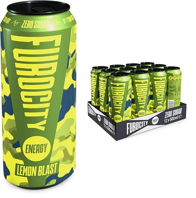 Furocity Energy Drink Lemon Blast can with 12-pack display, zero sugar, 500ml servings, vibrant green design.