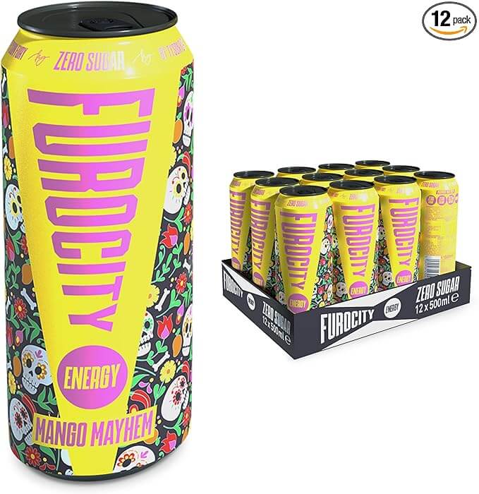Furocity Energy Drink Mango Mayhem can with 12-pack display, featuring vibrant design and zero sugar.