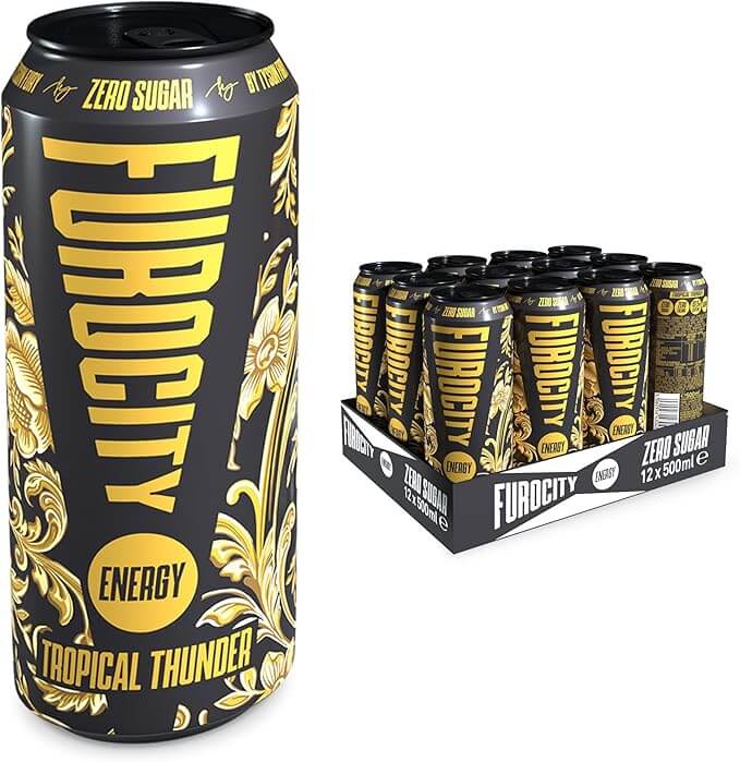 Furocity Energy Drink can in Tropical Thunder flavor, featuring vibrant design and zero sugar, displayed in a pack.